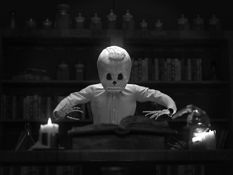 C W skeleton creating a spell in his apothecary